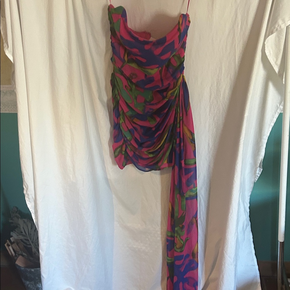 Luxxel Strapless Ruched Mini Dress with Sash in Pink, Blue & Green